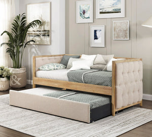 English Elm 1pc Boucle Tufted Daybed with Trundle Natural Wood Frame Transitional Guest Room B011S02099