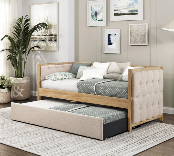 English Elm 1pc Boucle Tufted Daybed with Trundle Natural Wood Frame Transitional Guest Room B011S02099