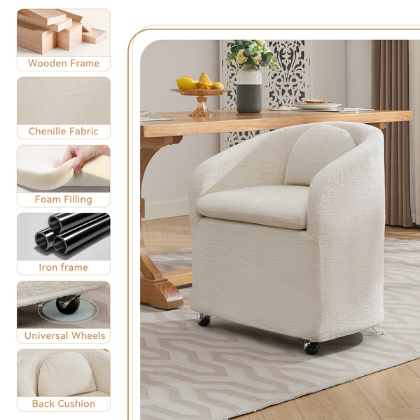 English Elm 059-Set Chenille Fabric Dining Armchair with Ergonomic Back Cushion, 360° Swivel & Smooth Wheels, Upholstered Comfort for Indoor Spaces Beige W527P242555