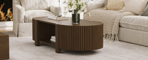 English Elm Oval Fluted Rubberwood Coffee Table with Open Storage Shelf for Living Room Walnut N735P369880D