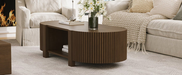 English Elm Oval Fluted Rubberwood Coffee Table with Open Storage Shelf for Living Room Walnut N735P369880D