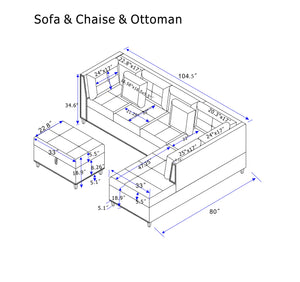 English Elm 104.5" Upholstered Sofa Chaise & Ottoman Gray - Coin-Spring Cushions, Storage Ottoman, Solid Wood Frame W2297S00018