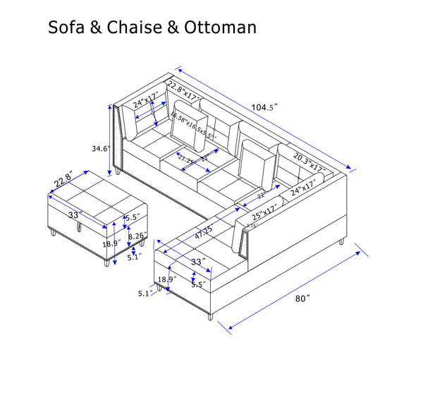 English Elm 104.5" Upholstered Sofa Chaise & Ottoman Gray - Coin-Spring Cushions, Storage Ottoman, Solid Wood Frame W2297S00018