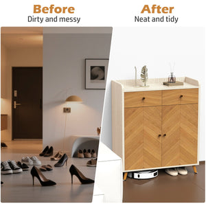 English Elm Shoe Cabinet 4-Tier with 2 Drawers and Doors, Herringbone MDF Top, Adjustable Shelves for Entryway Oak W3383P361253