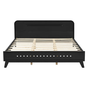 English Elm Pine Solid Wood Queen Platform Bed Matte Finish Tall Headboard No Box Spring Black N770PQ291030B