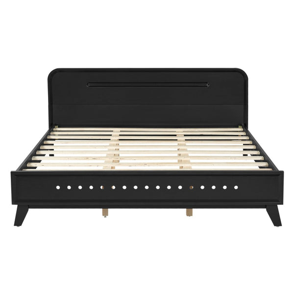 English Elm Pine Solid Wood Queen Platform Bed Matte Finish Tall Headboard No Box Spring Black N770PQ291030B