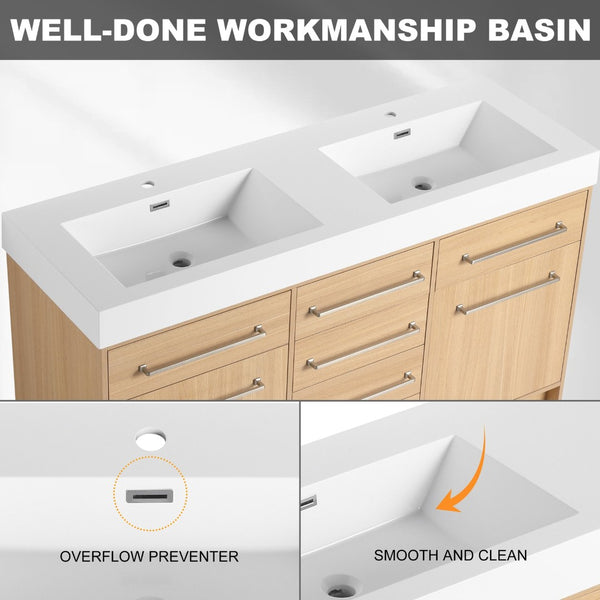 English Elm 60" Freestanding Bathroom Vanity With Double Sink, Soft-Close Doors & Drawers In Original Oak Finish P1 W1972P315232-GIGA