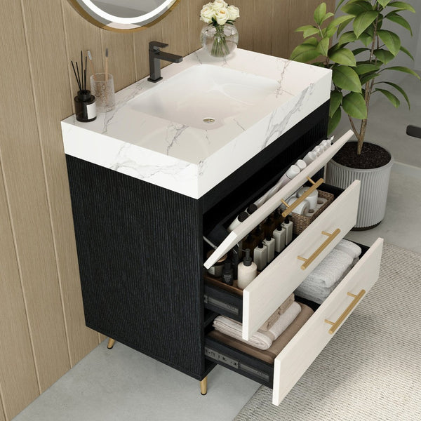 English Elm Modern Freestanding Bathroom Vanity with Sintered Stone Top and Gold Steel Legs W3136S00049