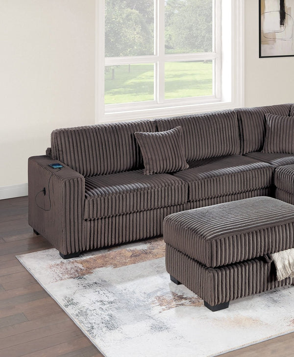 English Elm Chocolate Fur-Like Corduroy U-Shaped Sectional Sofa with Console Cup Holders and Hidden Storage Recline Chocolate 34 L x 26 W x 46 H B011S01773