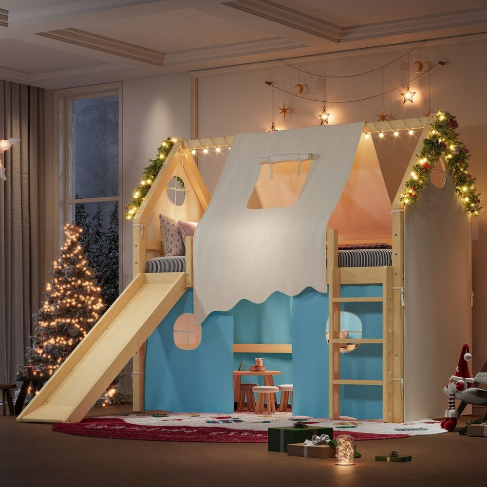 English Elm Twin Pine Loft Bed with House Frame Tent Led Lights Slide and Floor Space Below W1580S00290