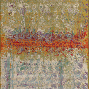 Unique Loom Outdoor Modern Crumpled Machine Made Abstract Rug Multi, Gold/Green/Navy Blue/Orange/Red/Beige/Blue/Brown/Cream 7' 11" x 7' 11"