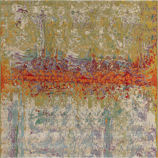 Unique Loom Outdoor Modern Crumpled Machine Made Abstract Rug Multi, Gold/Green/Navy Blue/Orange/Red/Beige/Blue/Brown/Cream 7' 11" x 7' 11"