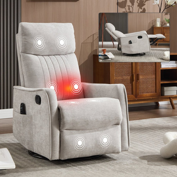 English Elm Blue Fabric Swivel Rocker Recliner with Massage Heat Nodes for Living Room Comfort Light Gray W1803P321838