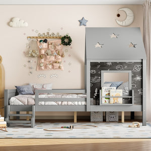 English Elm Full Bunk Bed with Trundle Bookshelf Storage Pine Frame Car Design for Kids Gray W1580S00296