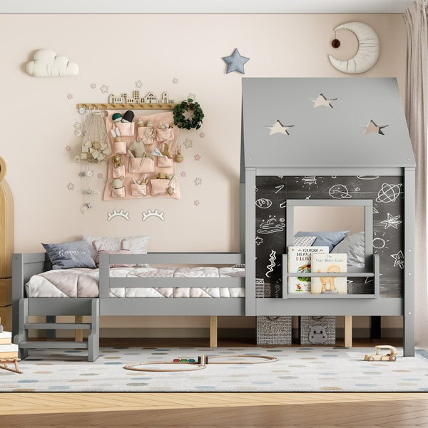 English Elm Full Bunk Bed with Trundle Bookshelf Storage Pine Frame Car Design for Kids Gray W1580S00296