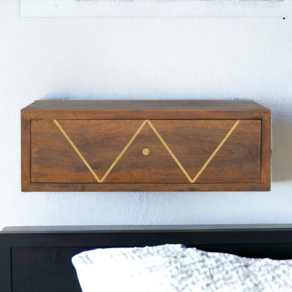 English Elm Solid Wood Floating Bedside Table With Chestnut Finish & Brass Accent - Modern Space-Saving Design B182P186245-GIGA