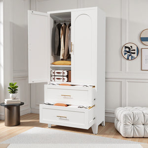 English Elm 71" Tall Metal Wardrobe Cabinet with 2 Drawers, Adjustable Shelf & Hanging Rod — Space-Saving White Closet Organizer W3387P351602