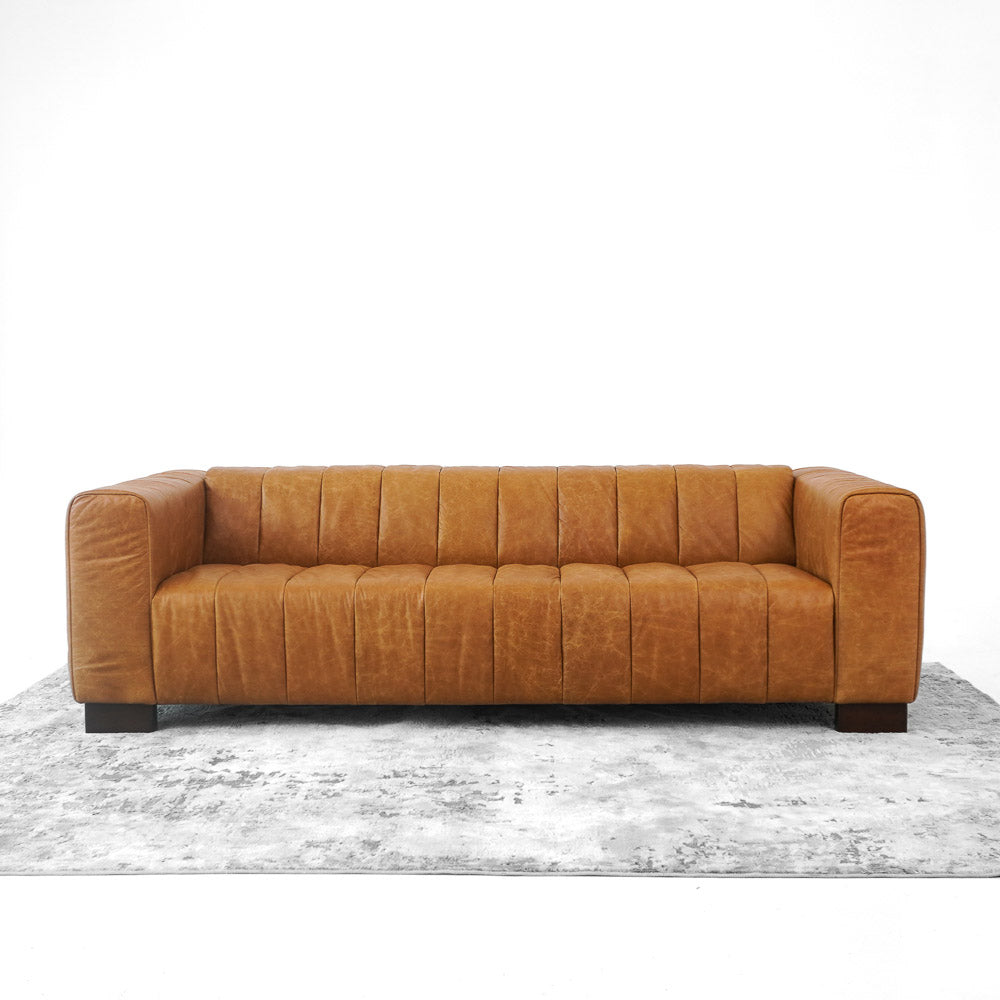 English Elm Ashcroft Furniture - Dixon Waxy Tan Leather Sofa with Channel-Tufted Aniline Buffalo Leather, Solid Wood Frame Support B183P281194