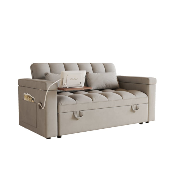 English Elm 65-inch Velvet Convertible Sleeper Sofa with Usb Port Storage Armrests Adjustable Back Light Gray W2564S00116