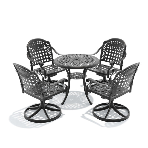 English Elm 5-piece Cast Aluminum Outdoor Dining Set with Swivel Chairs and Ornate Round Patio Table W1710S00332