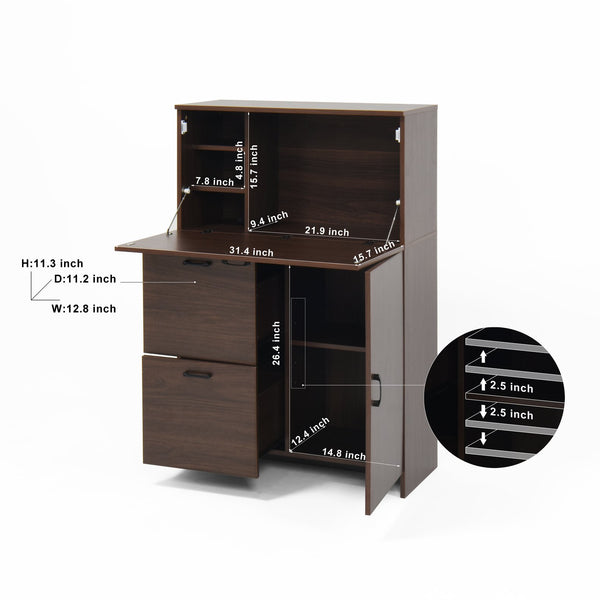 English Elm Desk Walnut Fold-Up Cabinet with Drawer & Shelves — Space-Saving Desk for Home Office Dorms, 31.5" W409P171382