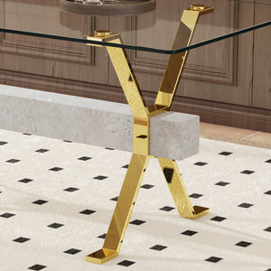 English Elm Dining Tempered Glass Table with Gold X-Legs & Gray MDF Crossbar, 71"x35.4" Modern 4-8 Seater Elegance W1151S02350