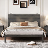 English Elm Farmhouse Wooden Platform Queen Size Bed, Modern Platform Bed With Two Bedside Lights, Antique Gray