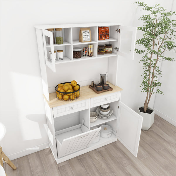 English Elm 67.7" Tall Kitchen Trash Can Storage Cabinet with Tilt-Out Bin, 3 Adjustable Shelves, 2 Drawers, White W282P182326