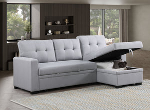 English Elm Tufted Linen Sectional Sleeper Sofa with Storage Ottoman and Reversible Chaise Gray B2730S00052