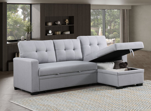 English Elm Tufted Linen Sectional Sleeper Sofa with Storage Ottoman and Reversible Chaise Gray B2730S00052