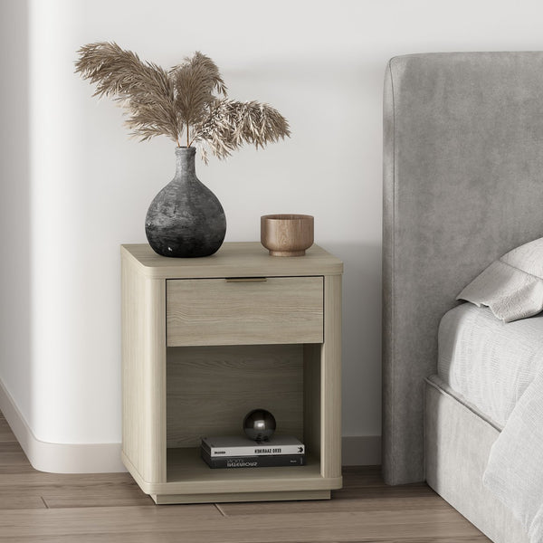 English Elm Evelyn Natural 20" Nightstand with 1 Drawer & Open Shelf, Rounded Edges, Sleek Pulls, Raised Base B365P398518