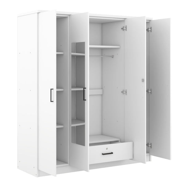 English Elm 4-door Mirrored Wardrobe White Mdf Armoire with Interior Shelves and Lockable Drawer LP006602AAK