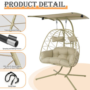 English Elm 2-person Wicker Egg Hanging Chair with Canopy Steel Stand Outdoor Patio Swing T5880P502248