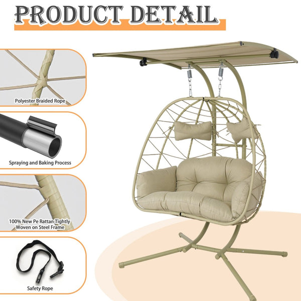 English Elm 2-person Wicker Egg Hanging Chair with Canopy Steel Stand Outdoor Patio Swing T5880P502248
