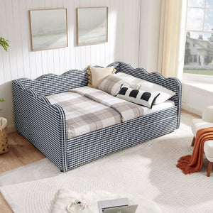 English Elm Full Size Gingham Linen Daybed with Wave Backrest Trundle and Usb Charging Port Navy Blue W1413S00148