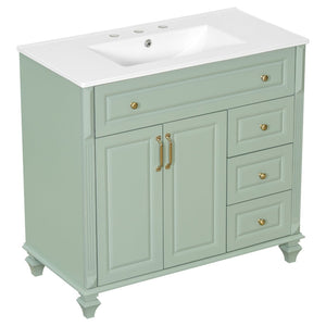 English Elm 36" Forest Green Rubberwood Bathroom Vanity with Ceramic Sink and Golden Hardware N725P356069F