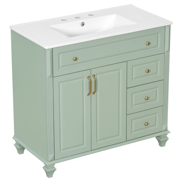 English Elm 36" Forest Green Rubberwood Bathroom Vanity with Ceramic Sink and Golden Hardware N725P356069F