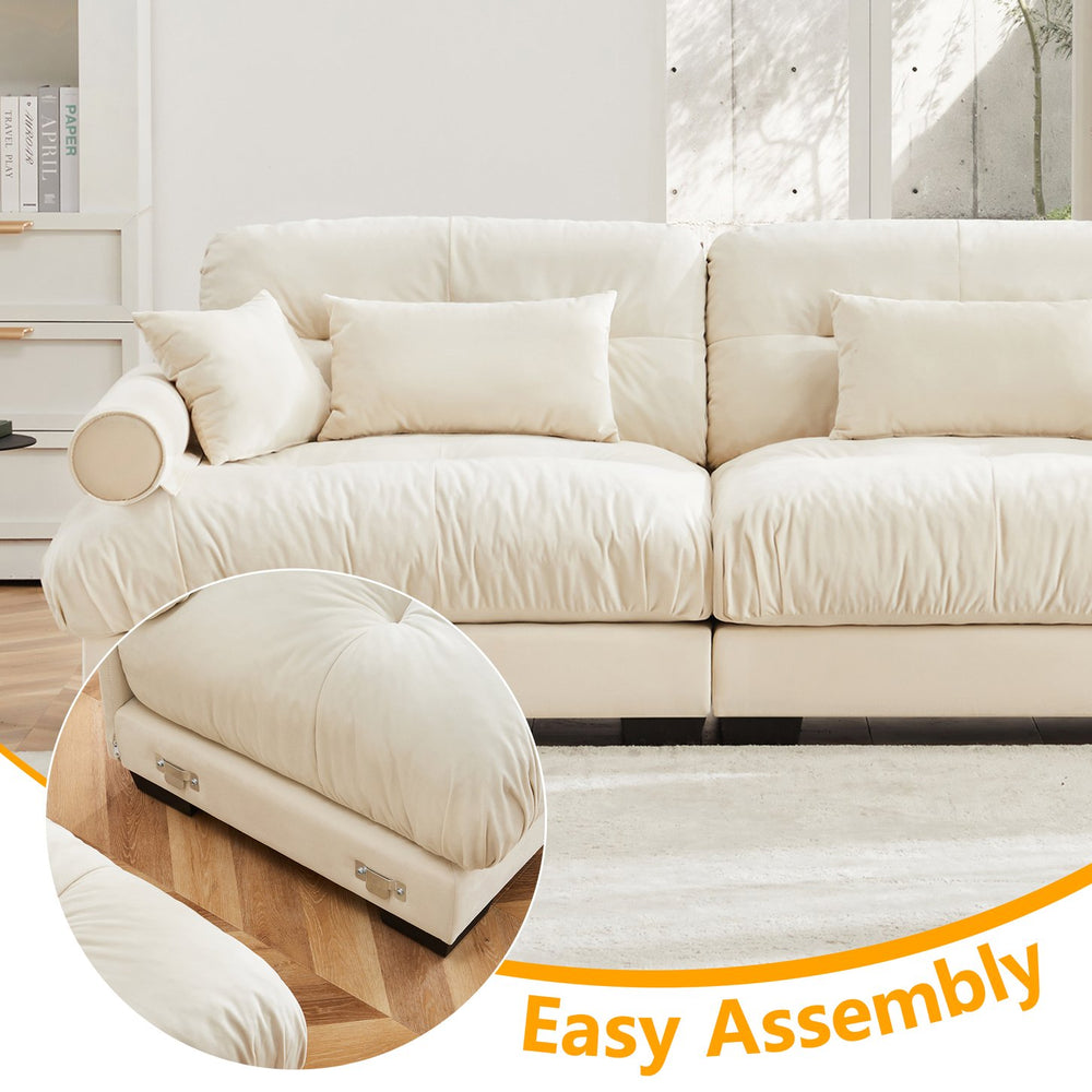 English Elm U U Shape Modular Velvet Sectional Sofa with Movable Ottomans, Cloud Seats, Bolster Arms, Cream W714S01073