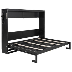 English Elm Queen-size Murphy Wall Bed with Led Ambient Lighting Usb Outlet and Graphic Panel Black LP000357AAB