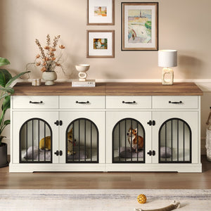 English Elm 70.8" Dual Dog Kennel Console Mdf Cabinet with Arched Iron Doors and Four Drawers N704G201616A