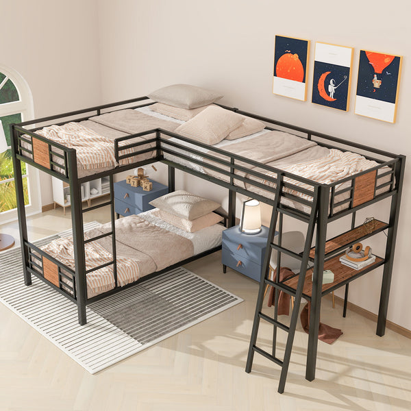 English Elm L-Shaped Twin Over Twin Bunk Bed with Loft Desk & Shelves, Brown Metal+MDF, Sturdy Sleep Solution GX001110AAD