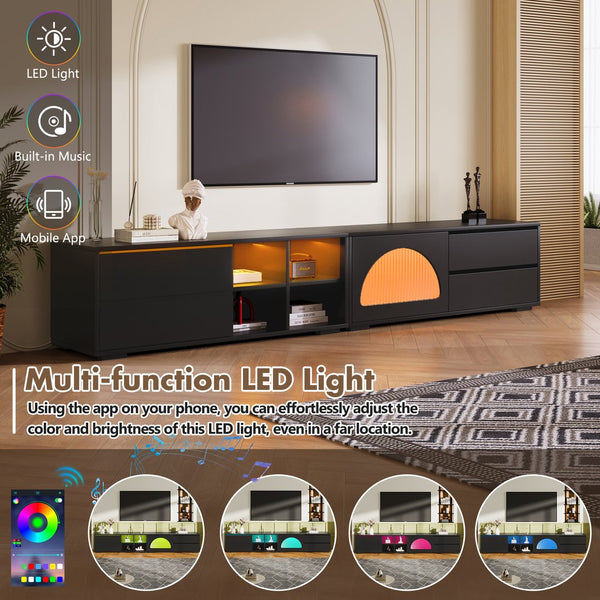 English Elm ON-TREND Modern TV Stand with Fluted Glass Door, Modular 94.4" Media Console with LED Lighting and Storage Black N721P198932B