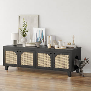 English Elm Double Hidden Cat Litter Box Enclosure with Rattan Doors, Two Spacious Compartments, Odor Control Stand Black T3623P380857