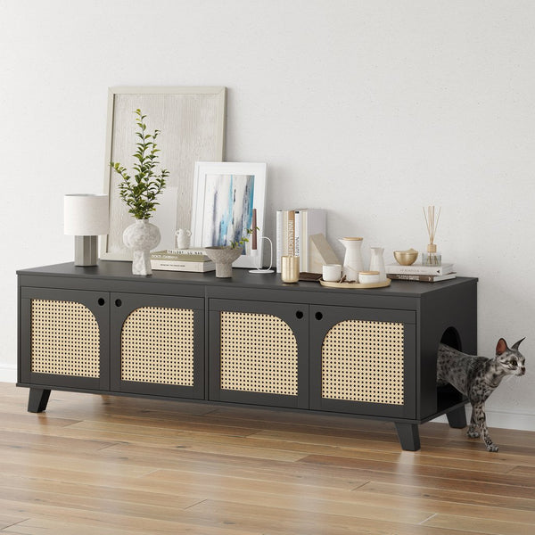 English Elm Double Hidden Cat Litter Box Enclosure with Rattan Doors, Two Spacious Compartments, Odor Control Stand Black T3623P380857