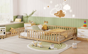 English Elm Queen Rubberwood Floor Bed with Perimeter Fence and Latch Door for Toddler Safety W504P370525