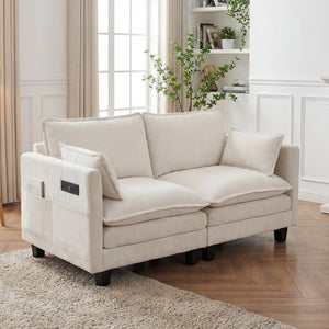 English Elm Modern Chenille Upholstered Loveseat with Usb Ports and Pockets for Compact Living Beige White W2519P486071