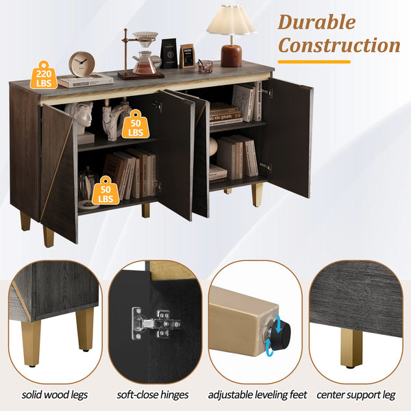 English Elm TREXM Retro Buffet Cabinet with Distressed Veneer, Dimensional Panel Doors, Solid Wood Legs, Storage, 65" Dark Gray,Light Gray N715P290575E