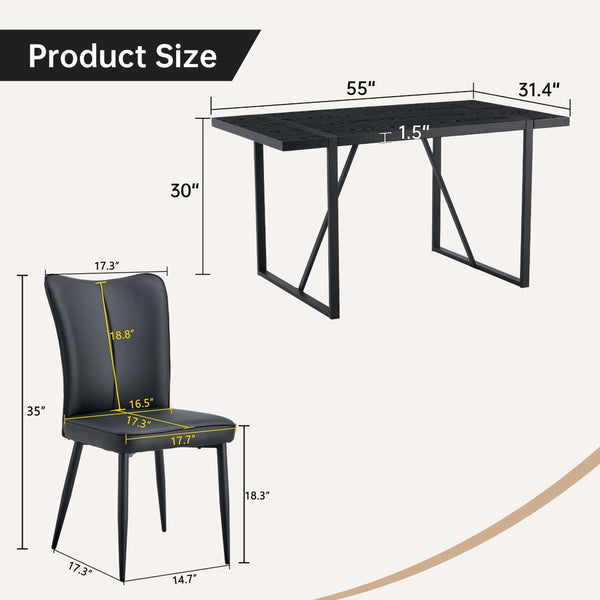 English Elm Black Faux Grain Mdf Rectangular Dining Set with Six Striped Pu Upholstered Chairs W1151S04377