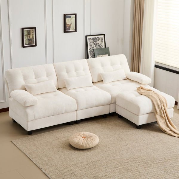 English Elm Ottoman and Chenille Sofa Set with Adjustable Backrest for Relaxed Living Room Comfort Beige W2606P359224