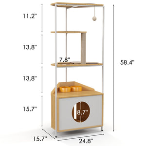 English Elm Corner Cat Tower with Feeding Cabinet Sisal Post and Climbing Platforms for Indoor Pets W1687106555